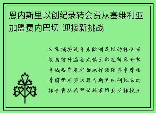 恩内斯里以创纪录转会费从塞维利亚加盟费内巴切 迎接新挑战 恩内斯里以创纪录转会费从塞维利亚加盟费内巴切 迎接新挑战