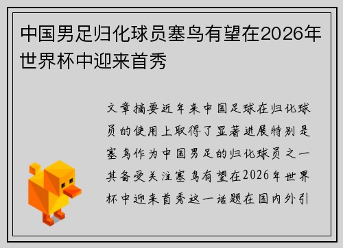 中国男足归化球员塞鸟有望在2026年世界杯中迎来首秀 中国男足归化球员塞鸟有望在2026年世界杯中迎来首秀